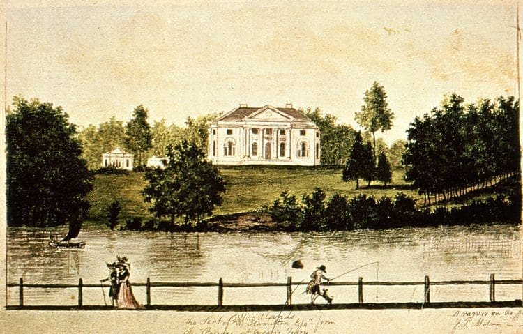 William Hamilton’s mansion as seen from across the river depicted by James Peller Malcom ca. 1792. (Image: Dietrich American Foundation)