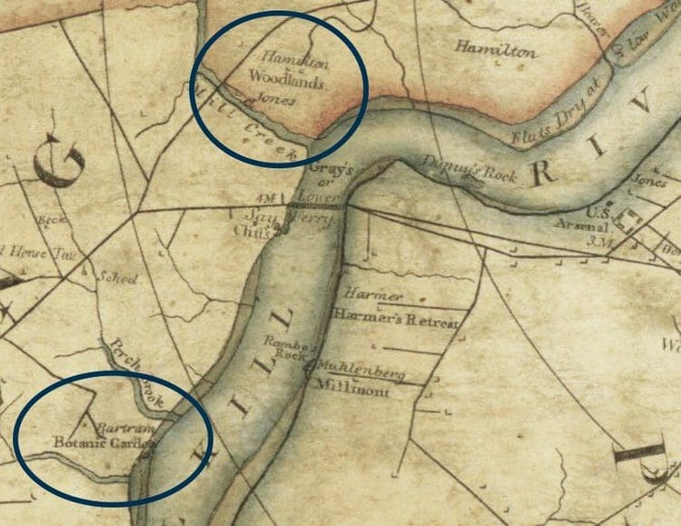 The Woodlands and Bartram’s Garden shown on an 1808 map surveyed and published by John Hills. (Image: Philageohistory.org)