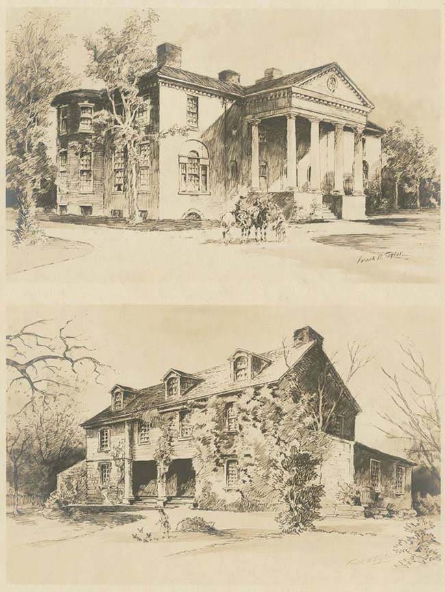 An Illustration from Frank H. Taylor ca. 1922 showing the Woodlands mansion and John Bartram’s house as examples of country mansions from “a time when the unpolluted tide-water Schuylkill River was bordered by fine country seats.” (Image: Library Company of Philadelphia)